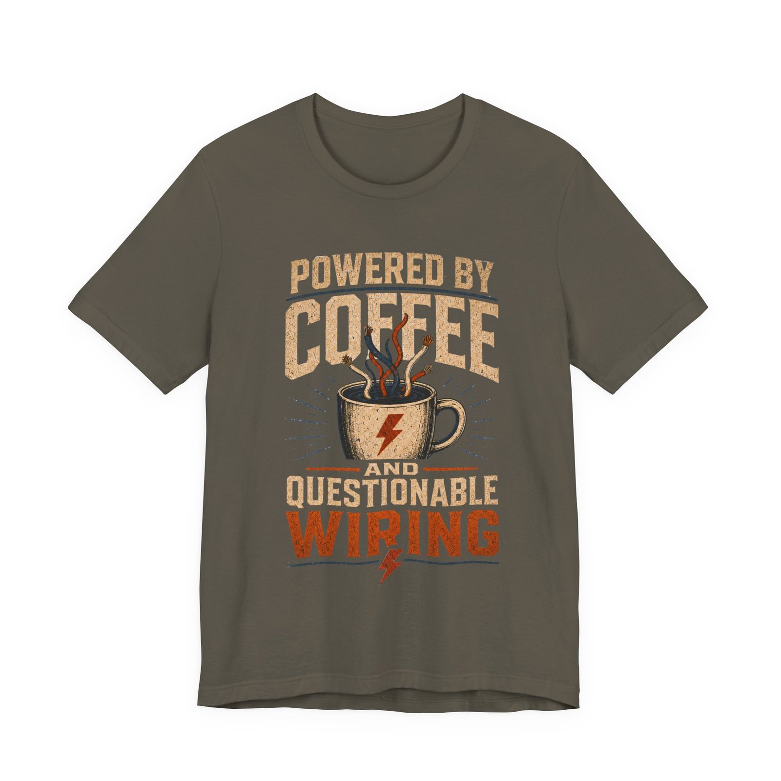 Coffee Powered Electrician's Tee — “Powered by Coffee and Questionable Wiring” Graphic T-Shirt - Image 4