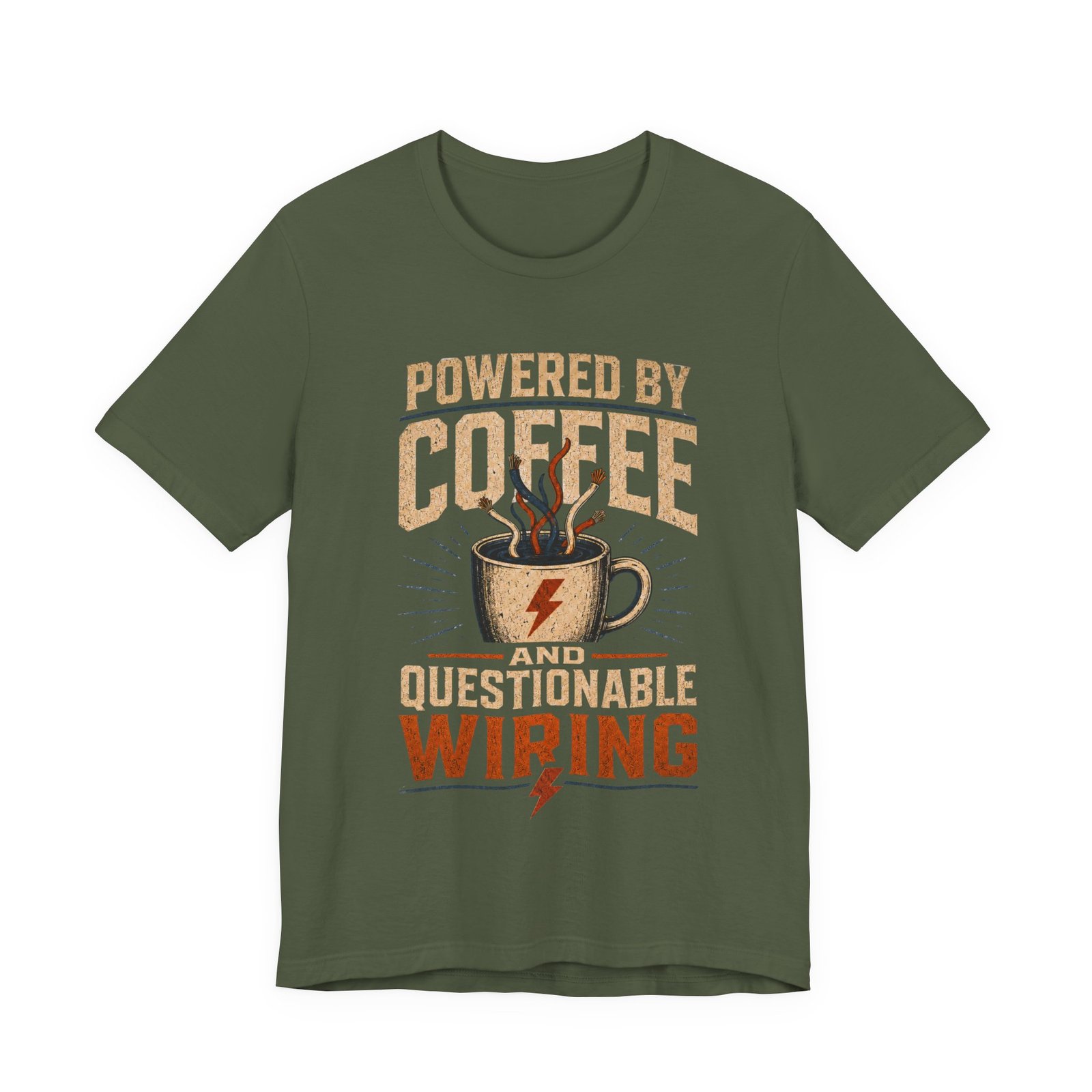 Coffee Powered Electrician's Tee — “Powered by Coffee and Questionable Wiring” Graphic T-Shirt - Image 5