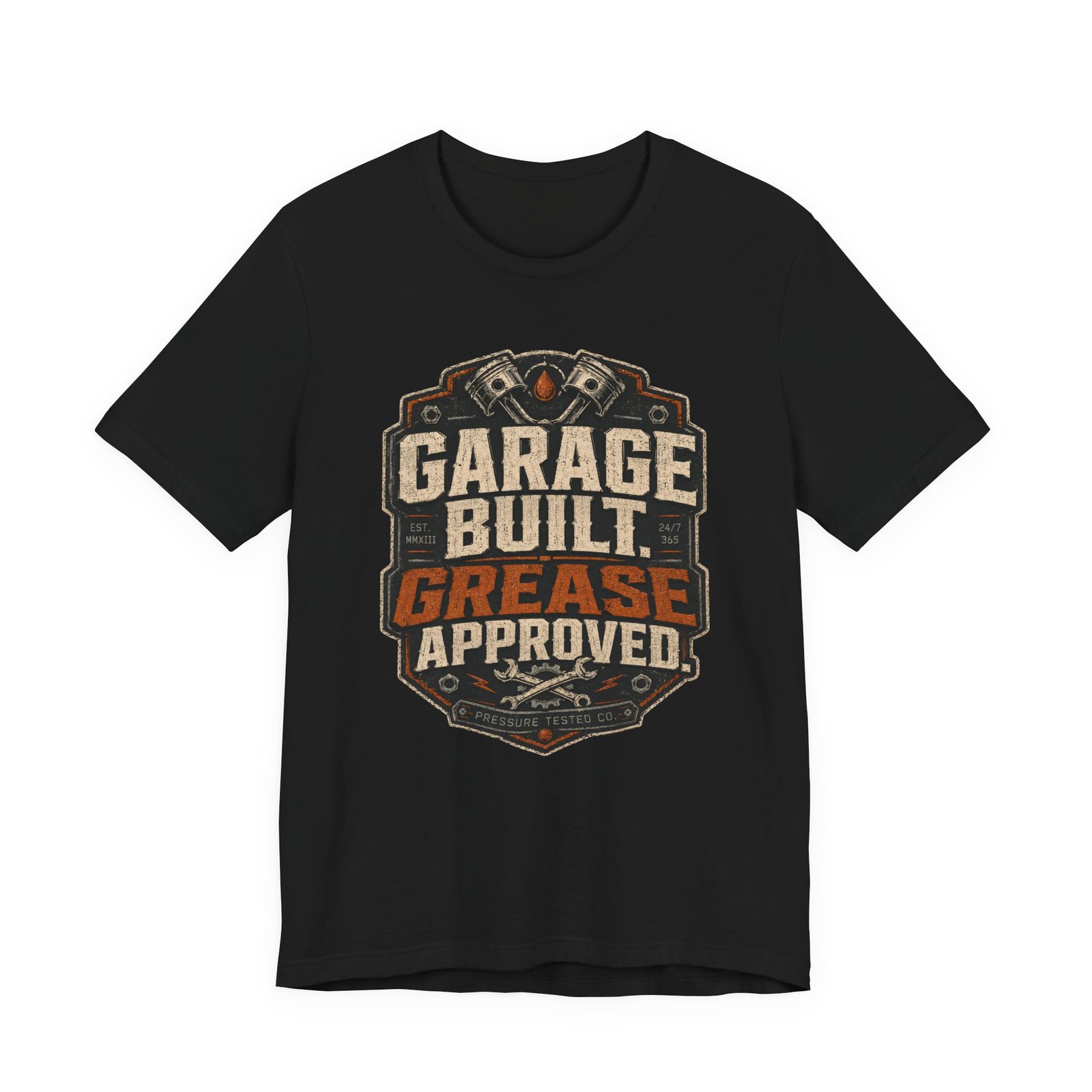 Garage Built Grease Approved T-Shirt – Vintage Mechanic Tee for Car Guy