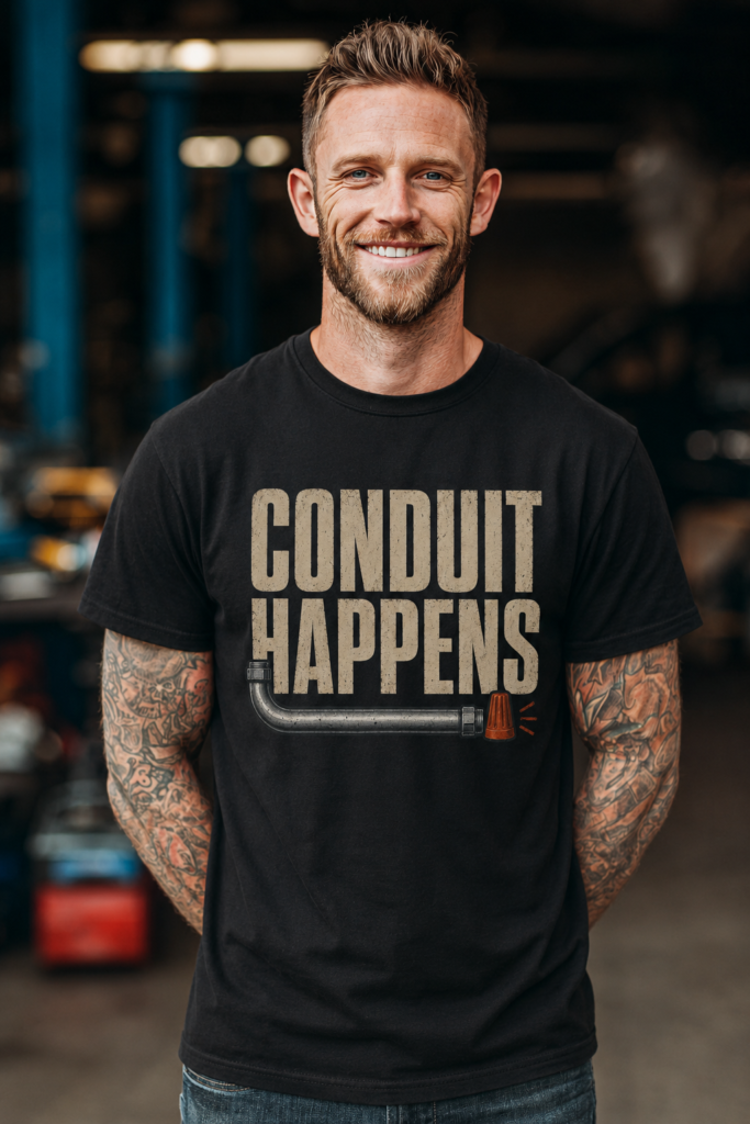 Conduit Happens Tee – Funny Shirt for Electricians & Tradespeople