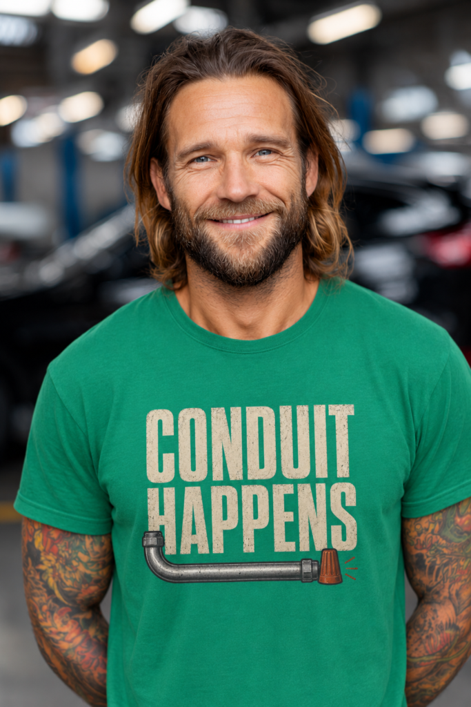 Conduit Happens Tee – Funny Shirt for Electricians & Tradespeople