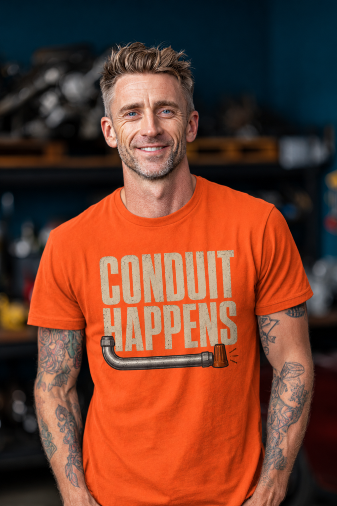 Conduit Happens Tee – Funny Shirt for Electricians & Tradespeople
