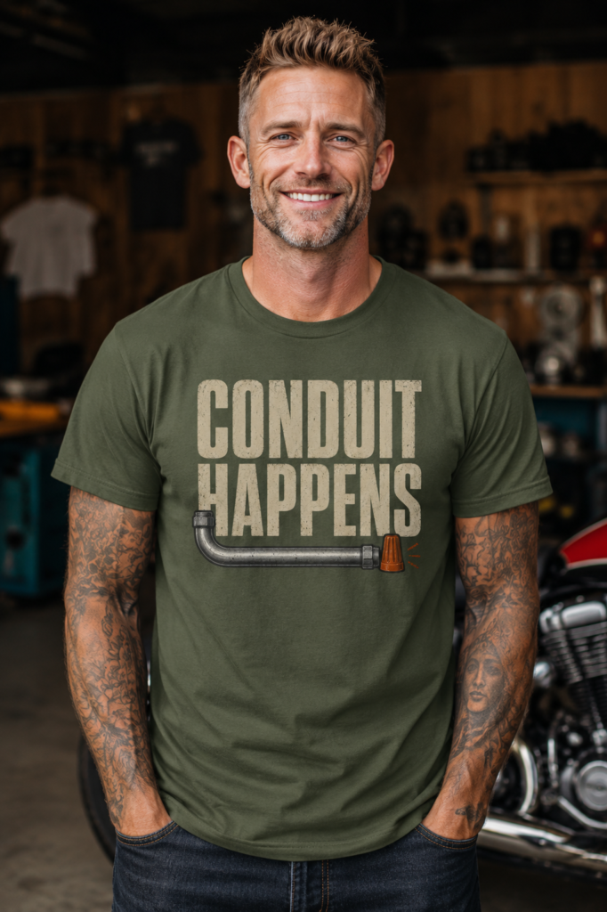 Conduit Happens Tee – Funny Shirt for Electricians & Tradespeople