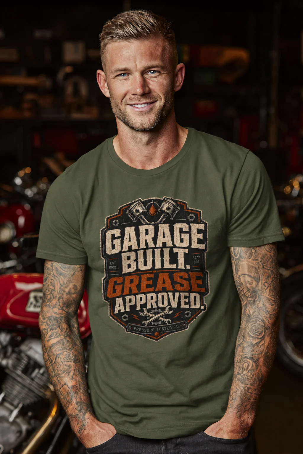 GARAGE-BUILT-GREASE-APPROVED-MIL-GREEN Garage Built. Grease Approved.