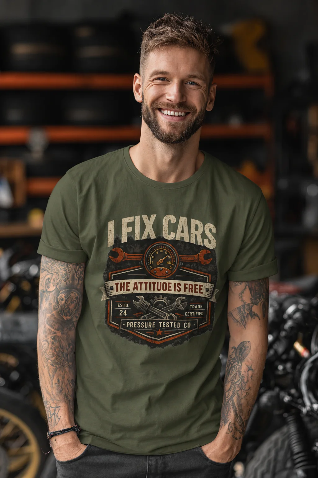 I-Fix-Cars-Attitude-Free-Mil-Green I Fix Cars. The Attitude Is Free.