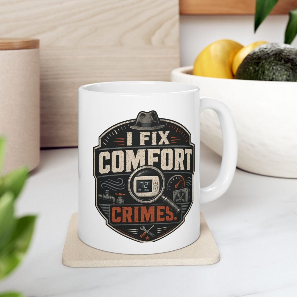 Humorous HVAC Coffee Cup — 'I Fix Comfort Crimes' Retro Badge Design Ceramic Mug (11oz, 15oz)
