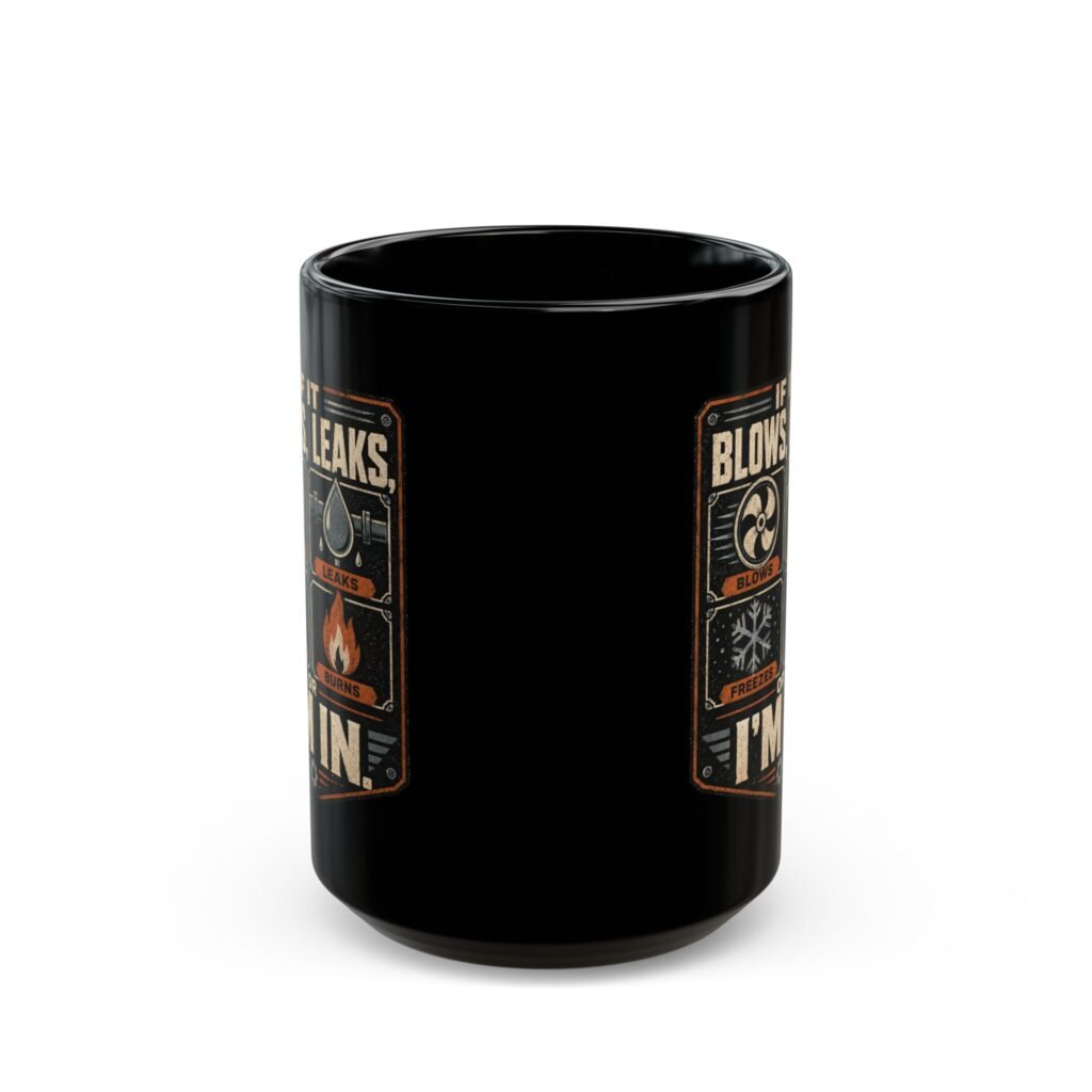 Home Repair Tech Mug — "If It Blows, Leaks, Freezes or Burns I'm In" Black Coffee Cup
