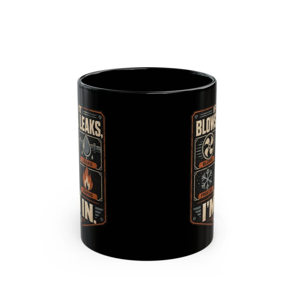 Home Repair Tech Mug — "If It Blows, Leaks, Freezes or Burns I'm In" Black Coffee Cup