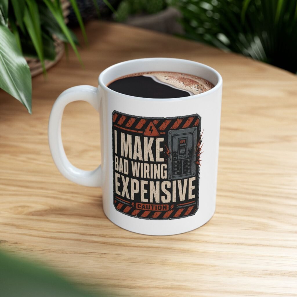Humorous Electrician Coffee Cup — 'I Make Bad Wiring Expensive' Retro Badge Design Ceramic Mug (11oz, 15oz)