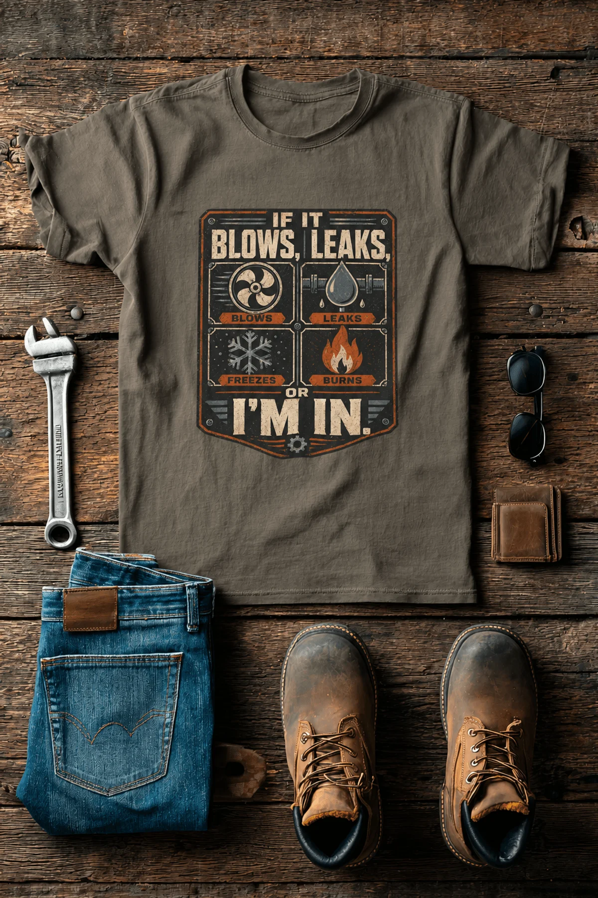 HVAC Technician T‑Shirt — "If It Blows, Leaks, Freezes or Burns I'm In" Retro Tradesmen Tee — army — Flat-lay HVAC Technician T‑Shirt — "If It Blows, Leaks, Freezes or Burns I'm In" Retro Tradesmen Tee — army t-shirt, flat-lay product photo | Pressure Tested Co