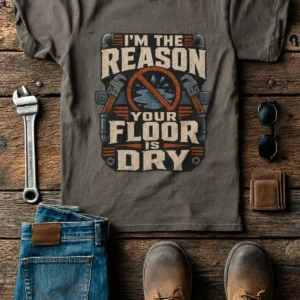 Plumber T‑Shirt – "I'm the Reason Your Floor Is Dry" Vintage Plumbing Tee — army t-shirt, flat-lay product photo | Pressure Tested Co