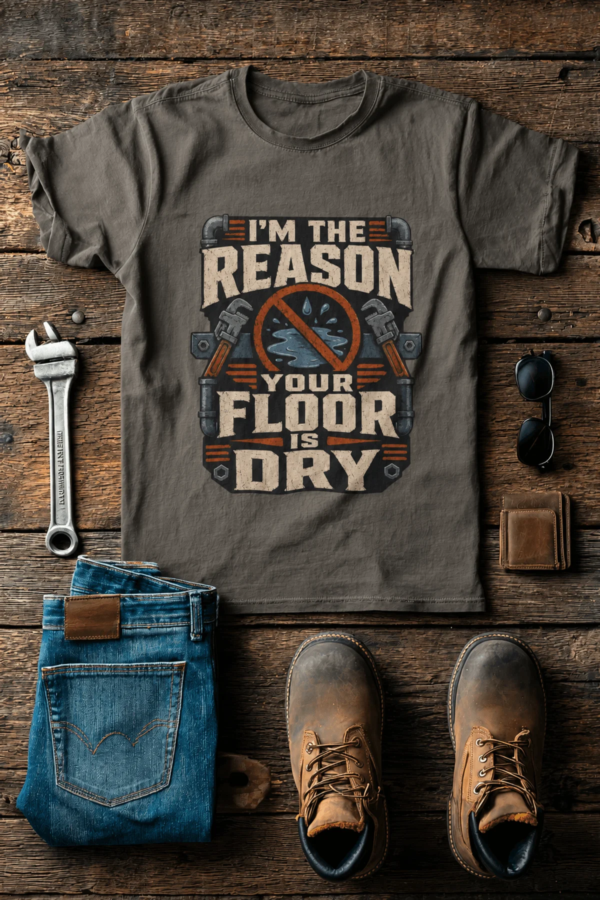 Plumber T‑Shirt – "I'm the Reason Your Floor Is Dry" Vintage Plumbing Tee — army — Flat-lay Plumber T‑Shirt – "I'm the Reason Your Floor Is Dry" Vintage Plumbing Tee — army t-shirt, flat-lay product photo | Pressure Tested Co