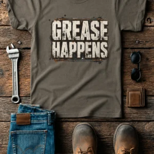 Grease Happens T-Shirt — Funny Mechanic Garage Tee — army t-shirt, flat-lay product photo | Pressure Tested Co