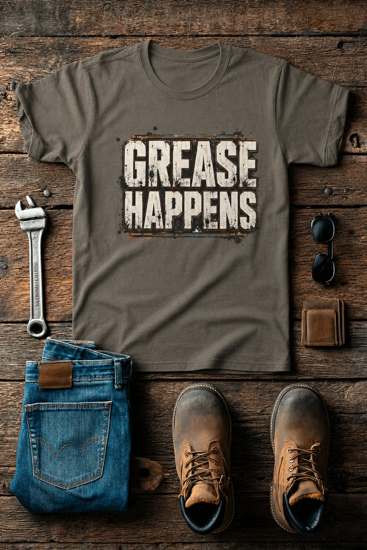 Grease Happens T-Shirt — Funny Mechanic Garage Tee — army — Flat-lay Grease Happens T-Shirt — Funny Mechanic Garage Tee — army t-shirt, flat-lay product photo | Pressure Tested Co