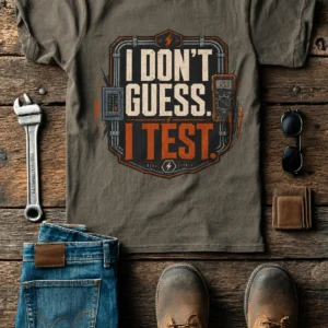 I Don't Guess I Test T-Shirt — Funny Tech Tee for Engineers and Electricians — army t-shirt, flat-lay product photo | Pressure Tested Co
