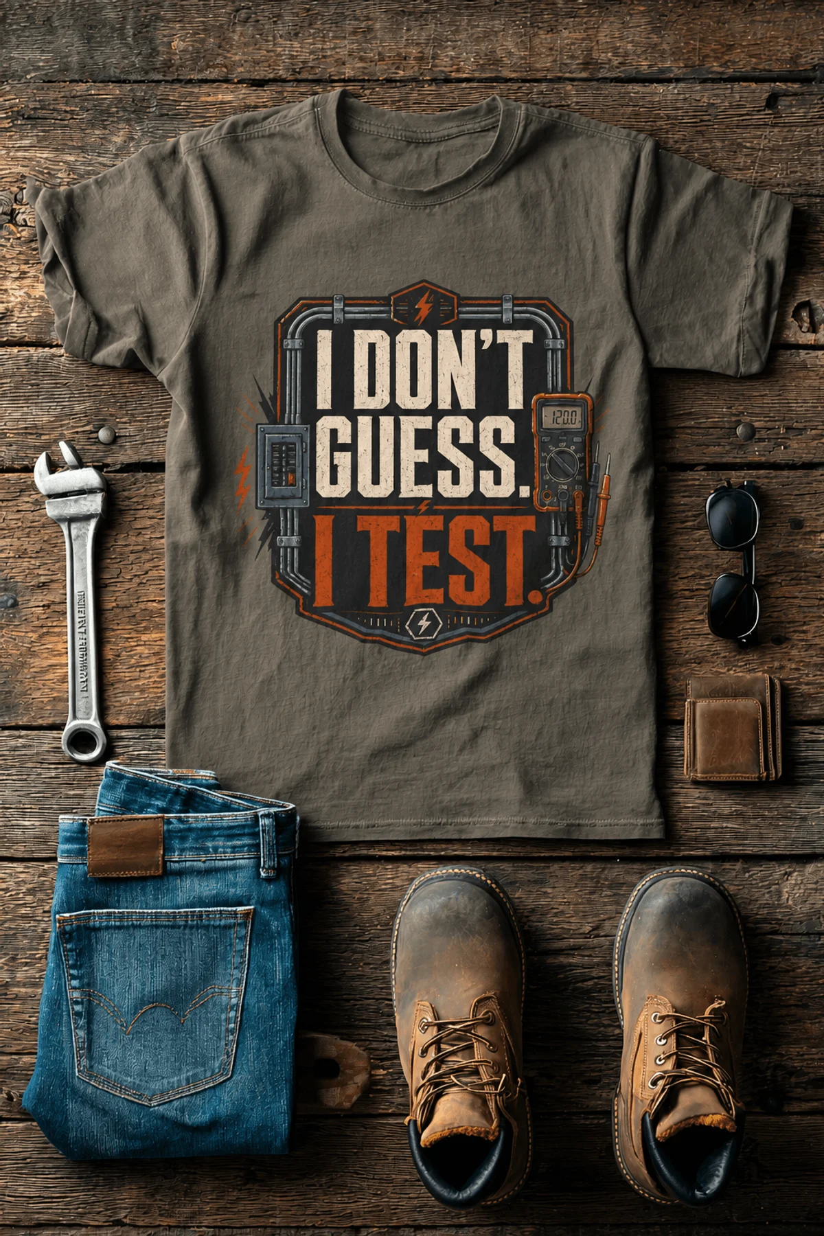 I Don't Guess I Test T-Shirt — Funny Tech Tee for Engineers and Electricians — army — Flat-lay I Don't Guess I Test T-Shirt — Funny Tech Tee for Engineers and Electricians — army t-shirt, flat-lay product photo | Pressure Tested Co