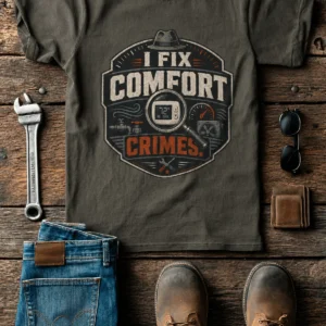 Funny HVAC Tech Tee "I Fix Comfort Crimes" — Furnace and Air Tech Work Tee — army t-shirt, flat-lay product photo | Pressure Tested Co