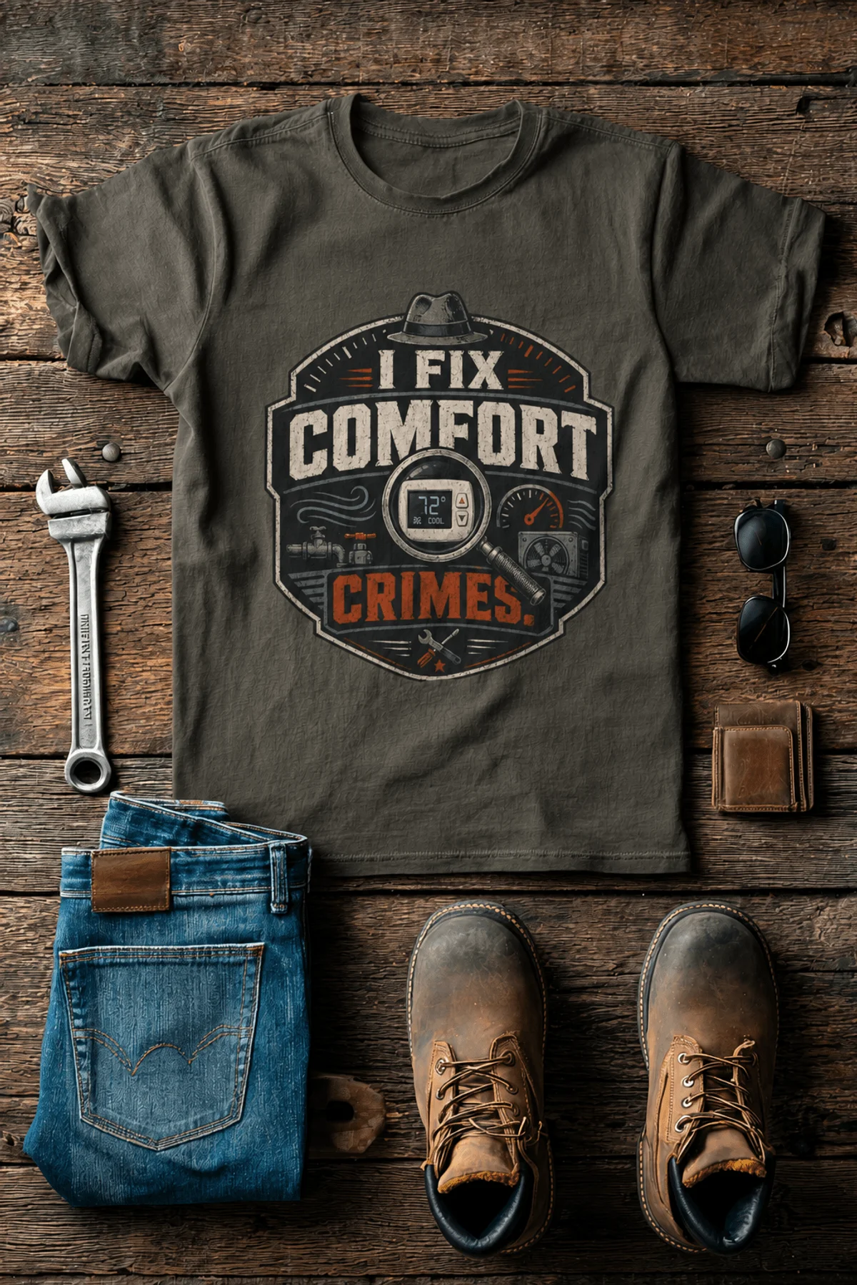 Funny HVAC Tech Tee "I Fix Comfort Crimes" — Furnace and Air Tech Work Tee — army — Flat-lay Funny HVAC Tech Tee "I Fix Comfort Crimes" — Furnace and Air Tech Work Tee — army t-shirt, flat-lay product photo | Pressure Tested Co