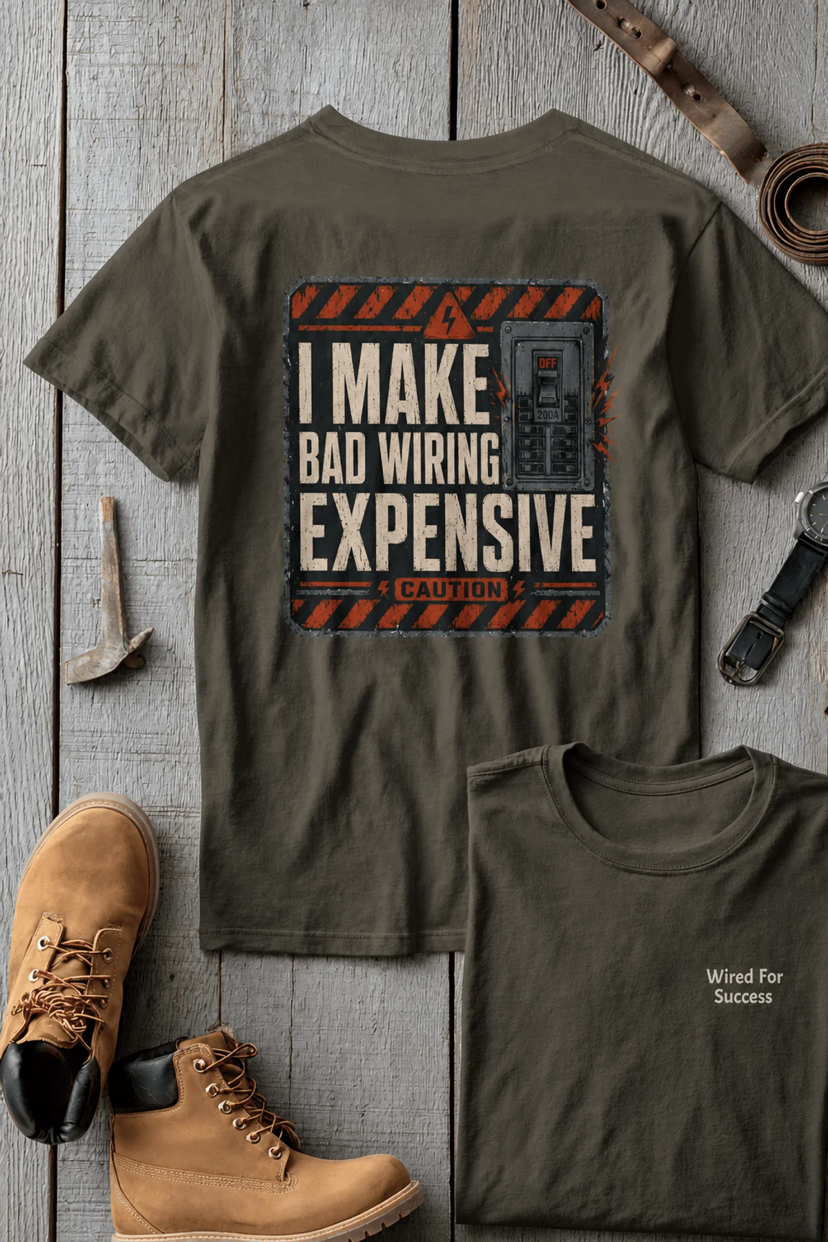 Funny Electrician Tech Tee - Back "I Make Bad Wiring Expensive" — Front "Wired For Success" Vintage Work Tee — army — Flat-lay Funny Electrician Tech Tee - Back "I Make Bad Wiring Expensive" — Front "Wired For Success" Vintage Work Tee — army t-shirt, flat-lay product photo | Pressure Tested Co