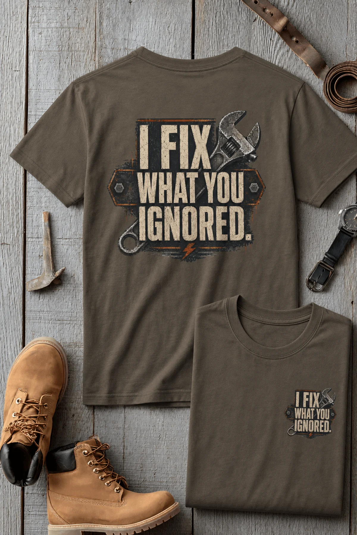 I Fix What You Ignored T-Shirt — Mechanic Wrench Tool Shirt for Technicians & DIYers — army — Flat-lay I Fix What You Ignored T-Shirt — Mechanic Wrench Tool Shirt for Technicians & DIYers — army t-shirt, flat-lay product photo | Pressure Tested Co