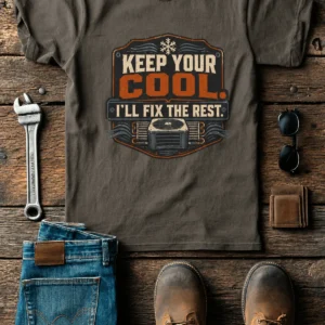 Funny HVAC Tee Shirt "Keep Your Cool. I'll Fix The Rest." T-Shirt – Vintage GraphicTee — army t-shirt, flat-lay product photo | Pressure Tested Co