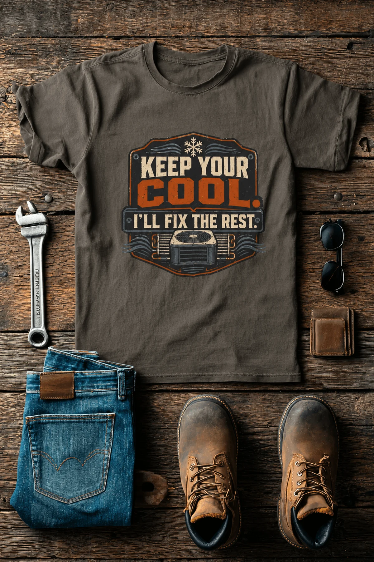 Funny HVAC Tee Shirt "Keep Your Cool. I'll Fix The Rest." T-Shirt – Vintage GraphicTee — army — Flat-lay Funny HVAC Tee Shirt "Keep Your Cool. I'll Fix The Rest." T-Shirt – Vintage GraphicTee — army t-shirt, flat-lay product photo | Pressure Tested Co