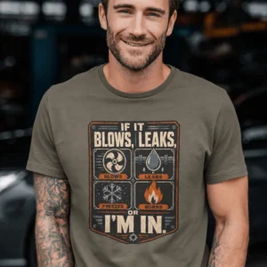 HVAC Technician T‑Shirt — "If It Blows, Leaks, Freezes or Burns I'm In" Retro Tradesmen Tee — army t-shirt, model photo | Pressure Tested Co