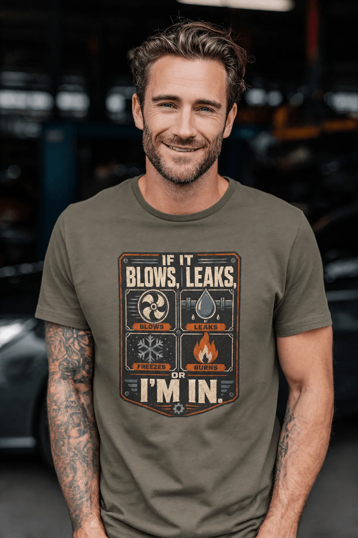 HVAC Technician T‑Shirt — "If It Blows, Leaks, Freezes or Burns I'm In" Retro Tradesmen Tee — army — Model HVAC Technician T‑Shirt — "If It Blows, Leaks, Freezes or Burns I'm In" Retro Tradesmen Tee — army t-shirt, model photo | Pressure Tested Co