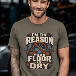 Plumber T‑Shirt – "I'm the Reason Your Floor Is Dry" Vintage Plumbing Tee — army t-shirt, model photo | Pressure Tested Co