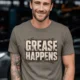 Grease Happens T-Shirt — Funny Mechanic Garage Tee — army — Model Grease Happens T-Shirt — Funny Mechanic Garage Tee — army t-shirt, model photo | Pressure Tested Co