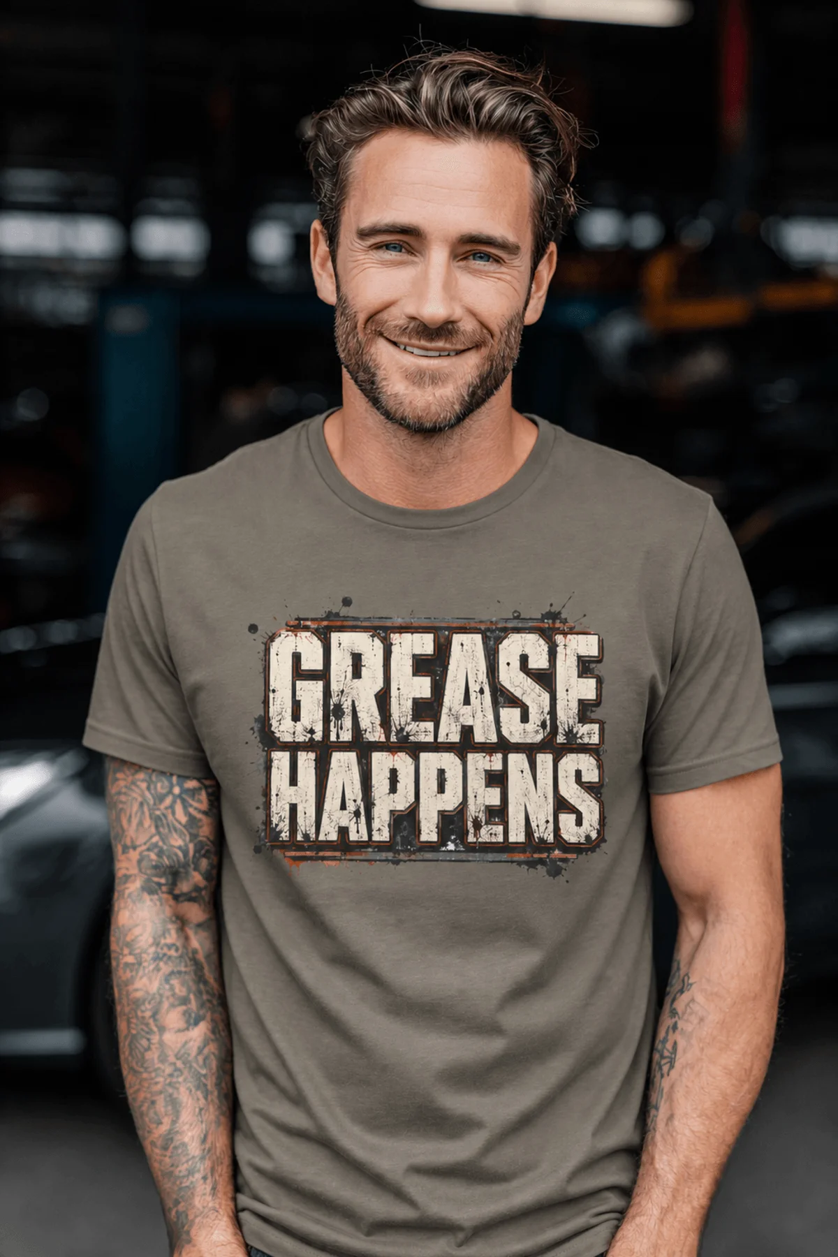 Grease Happens T-Shirt — Funny Mechanic Garage Tee — army — Model Grease Happens T-Shirt — Funny Mechanic Garage Tee — army t-shirt, model photo | Pressure Tested Co