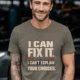 Sarcastic Mechanic T‑Shirt – "I Can Fix It. I Can't Explain Your Choices" Vintage Mechanic Shirt - DIY Repair Tee — army t-shirt, model photo | Pressure Tested Co