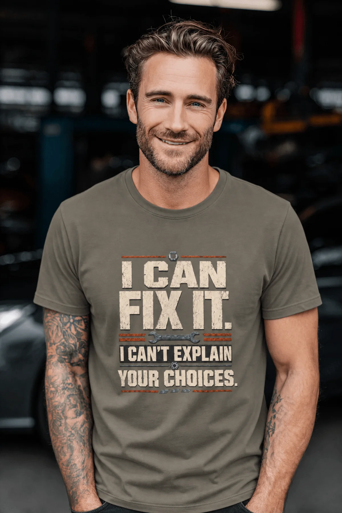 Sarcastic Mechanic T‑Shirt – "I Can Fix It. I Can't Explain Your Choices" Vintage Mechanic Shirt - DIY Repair Tee — army t-shirt, model photo | Pressure Tested Co