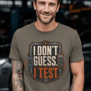I Don't Guess I Test T-Shirt — Funny Tech Tee for Engineers and Electricians — army t-shirt, model photo | Pressure Tested Co