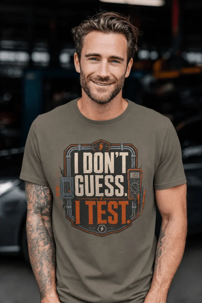 I Don't Guess I Test T-Shirt — Funny Tech Tee for Engineers and Electricians — army t-shirt, model photo | Pressure Tested Co