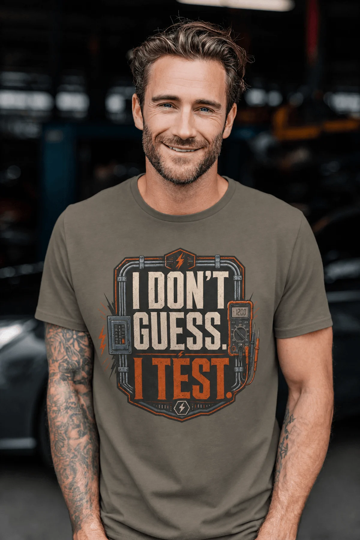 I Don't Guess I Test T-Shirt — Funny Tech Tee for Engineers and Electricians — army — Model I Don't Guess I Test T-Shirt — Funny Tech Tee for Engineers and Electricians — army t-shirt, model photo | Pressure Tested Co