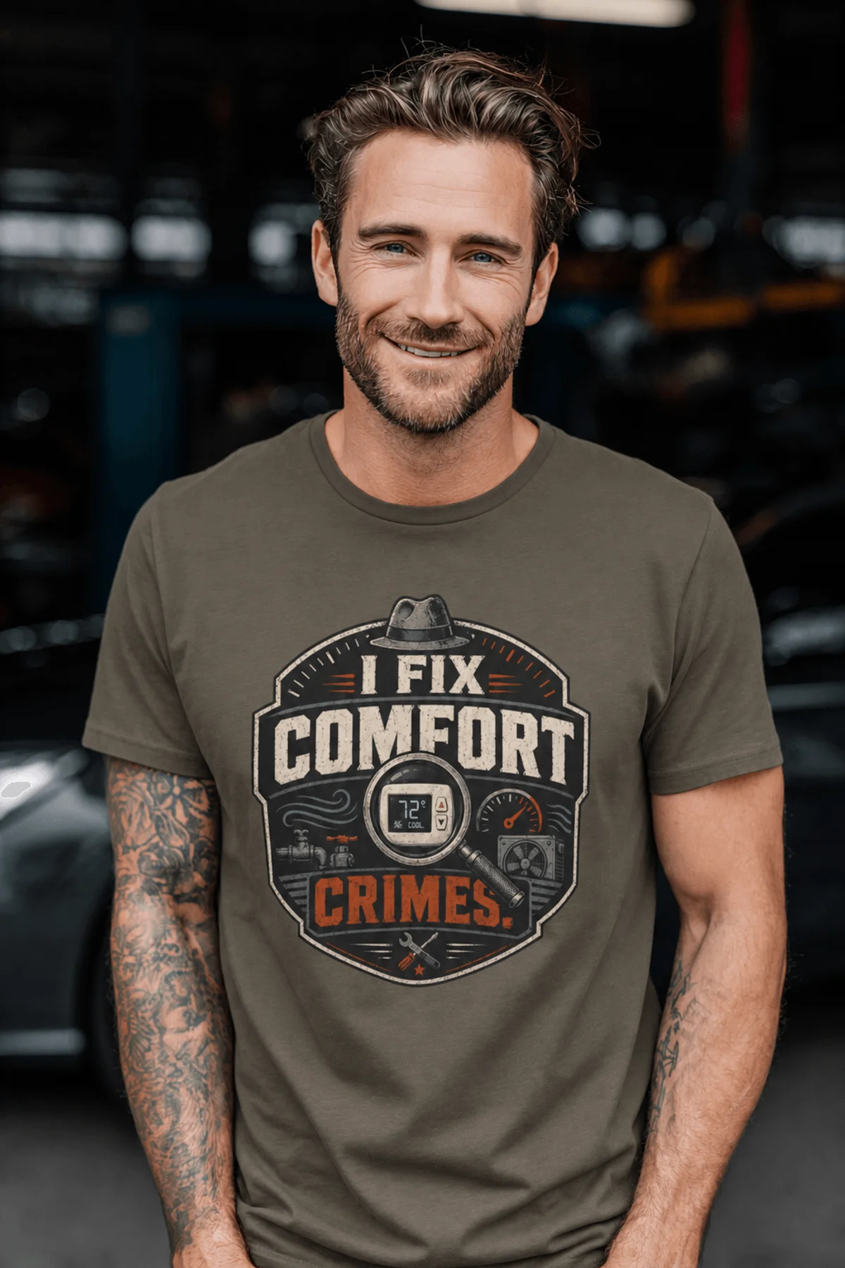 Funny HVAC Tech Tee "I Fix Comfort Crimes" — Furnace and Air Tech Work Tee — army — Model Funny HVAC Tech Tee "I Fix Comfort Crimes" — Furnace and Air Tech Work Tee — army t-shirt, model photo | Pressure Tested Co