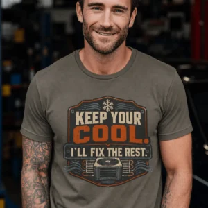 Funny HVAC Tee Shirt "Keep Your Cool. I'll Fix The Rest." T-Shirt – Vintage GraphicTee — army t-shirt, model photo | Pressure Tested Co