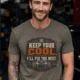 Funny HVAC Tee Shirt "Keep Your Cool. I'll Fix The Rest." T-Shirt – Vintage GraphicTee — army — Model Funny HVAC Tee Shirt "Keep Your Cool. I'll Fix The Rest." T-Shirt – Vintage GraphicTee — army t-shirt, model photo | Pressure Tested Co
