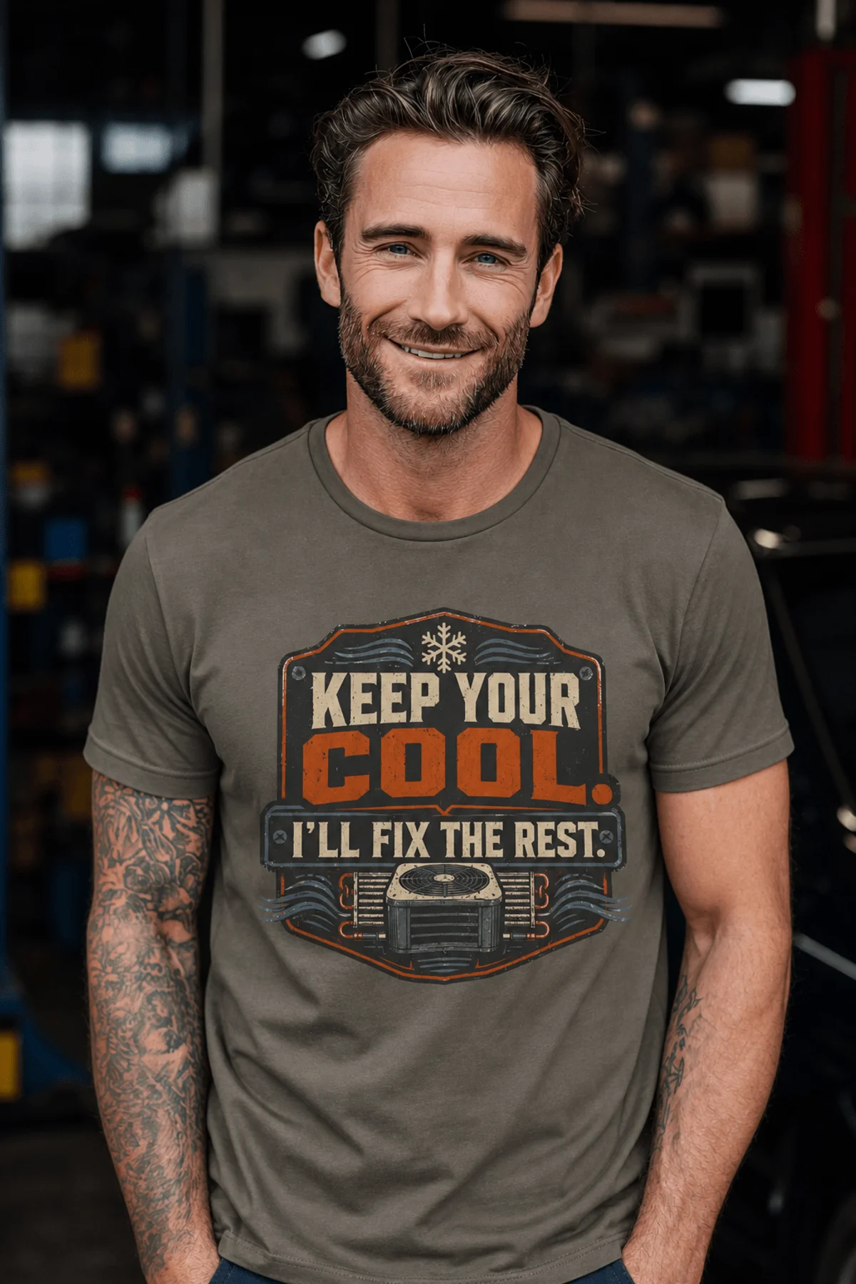 Funny HVAC Tee Shirt "Keep Your Cool. I'll Fix The Rest." T-Shirt – Vintage GraphicTee — army — Model Funny HVAC Tee Shirt "Keep Your Cool. I'll Fix The Rest." T-Shirt – Vintage GraphicTee — army t-shirt, model photo | Pressure Tested Co