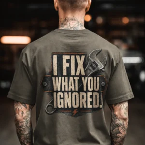 I Fix What You Ignored T-Shirt — Mechanic Wrench Tool Shirt for Technicians & DIYers — army t-shirt, model photo | Pressure Tested Co