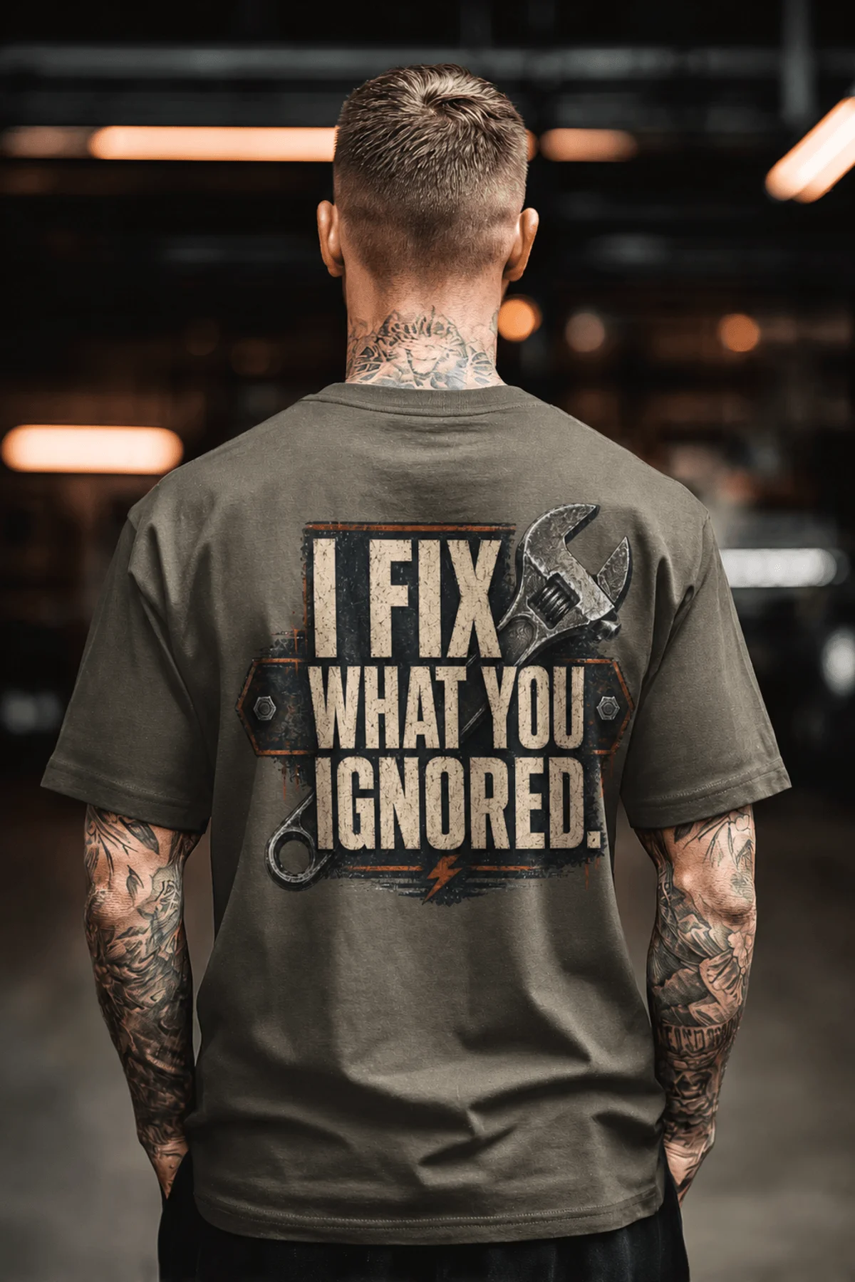 I Fix What You Ignored T-Shirt — Mechanic Wrench Tool Shirt for Technicians & DIYers — army — Model I Fix What You Ignored T-Shirt — Mechanic Wrench Tool Shirt for Technicians & DIYers — army t-shirt, model photo | Pressure Tested Co