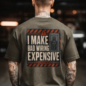 Funny Electrician Tech Tee - Back "I Make Bad Wiring Expensive" — Front "Wired For Success" Vintage Work Tee — army t-shirt, model photo | Pressure Tested Co