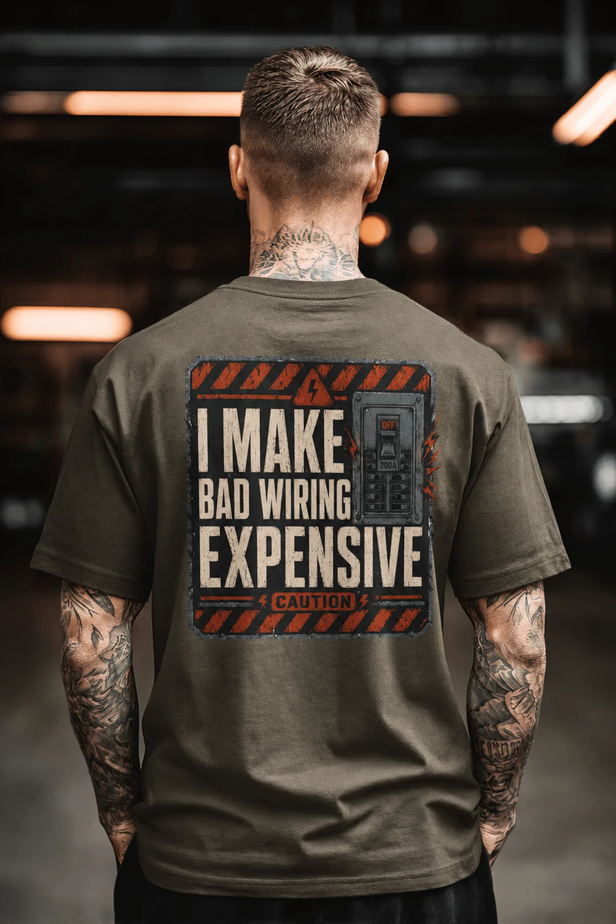 Funny Electrician Tech Tee - Back "I Make Bad Wiring Expensive" — Front "Wired For Success" Vintage Work Tee — army — Model Funny Electrician Tech Tee - Back "I Make Bad Wiring Expensive" — Front "Wired For Success" Vintage Work Tee — army t-shirt, model photo | Pressure Tested Co