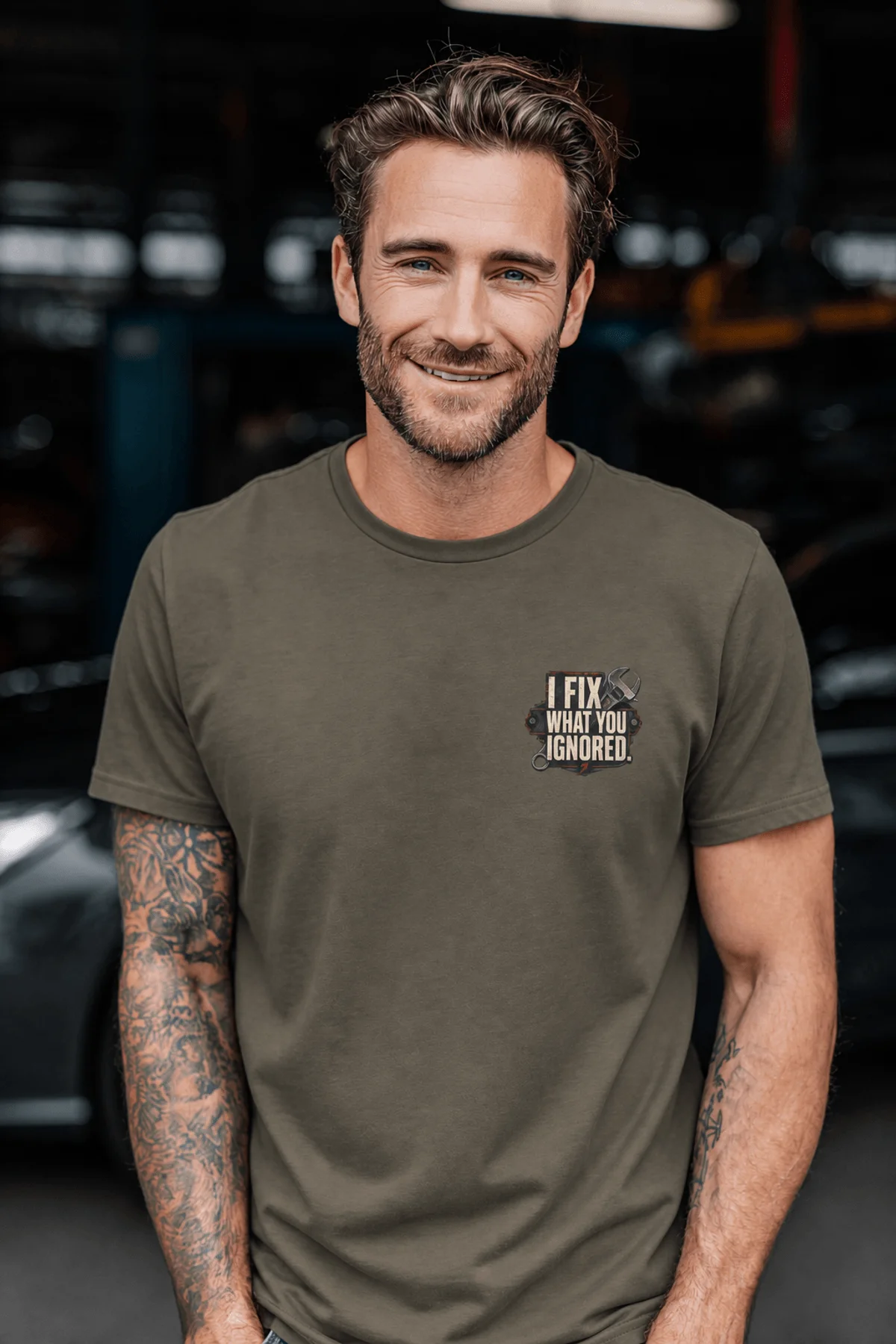 I Fix What You Ignored T-Shirt — Mechanic Wrench Tool Shirt for Technicians & DIYers — army — Model I Fix What You Ignored T-Shirt — Mechanic Wrench Tool Shirt for Technicians & DIYers — army t-shirt, model photo | Pressure Tested Co
