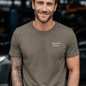 Funny Electrician Tech Tee - Back "I Make Bad Wiring Expensive" — Front "Wired For Success" Vintage Work Tee — army t-shirt, model photo | Pressure Tested Co