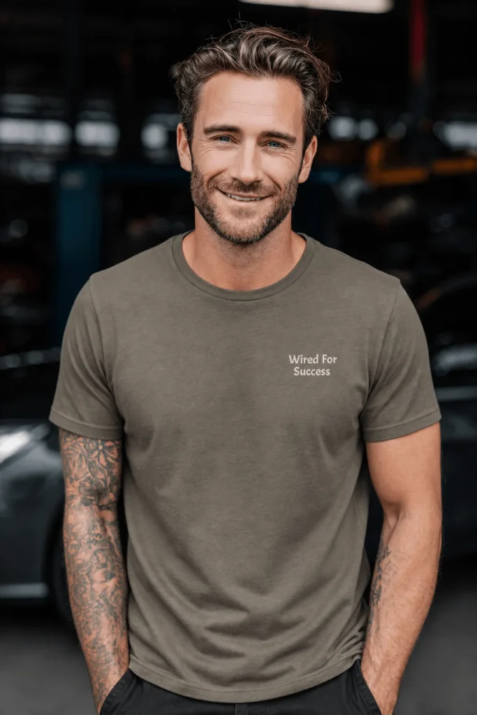 Funny Electrician Tech Tee - Back "I Make Bad Wiring Expensive" — Front "Wired For Success" Vintage Work Tee — army t-shirt, model photo | Pressure Tested Co