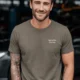 Funny Electrician Tech Tee - Back "I Make Bad Wiring Expensive" — Front "Wired For Success" Vintage Work Tee — army — Model Funny Electrician Tech Tee - Back "I Make Bad Wiring Expensive" — Front "Wired For Success" Vintage Work Tee — army t-shirt, model photo | Pressure Tested Co