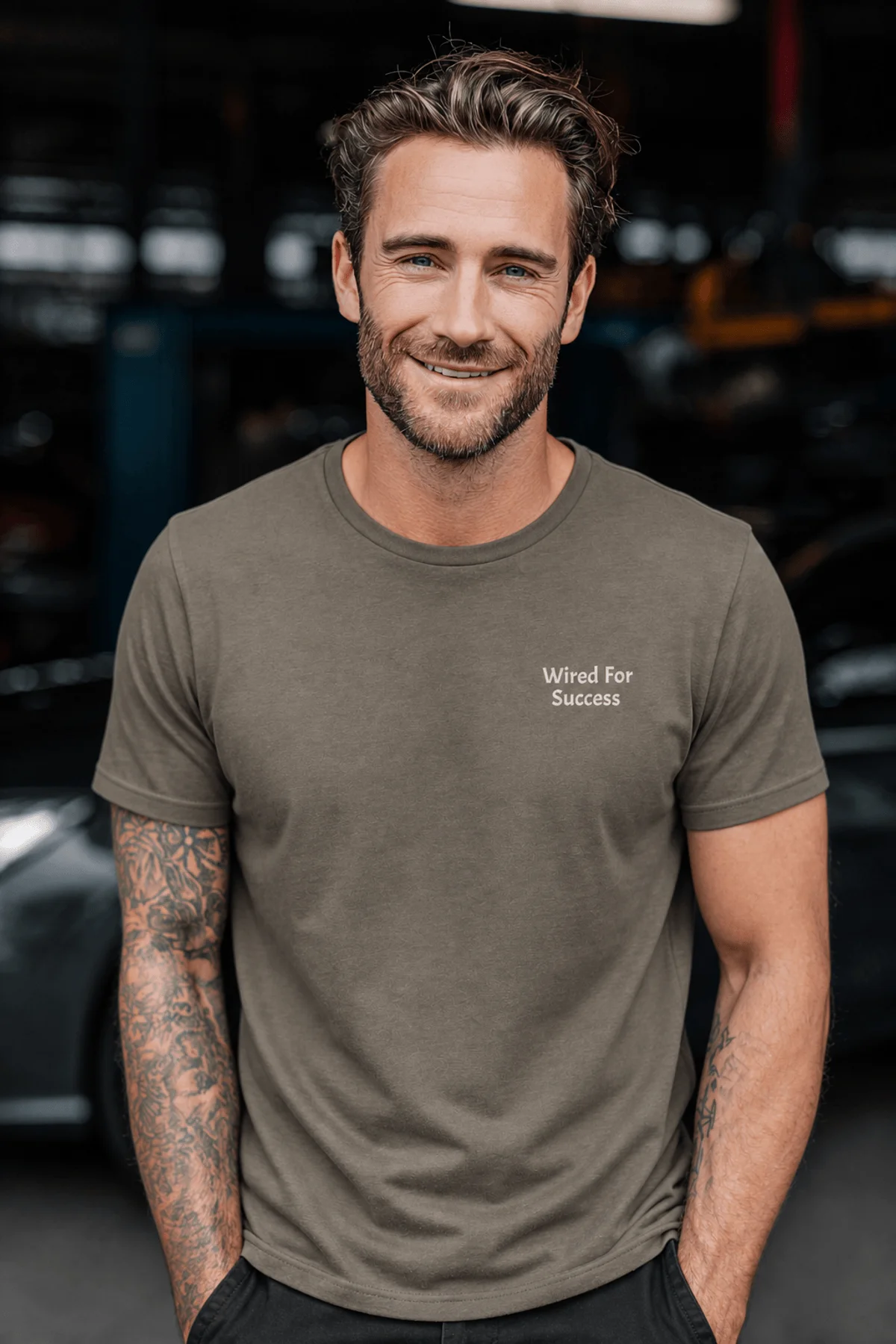 Funny Electrician Tech Tee - Back "I Make Bad Wiring Expensive" — Front "Wired For Success" Vintage Work Tee — army — Model Funny Electrician Tech Tee - Back "I Make Bad Wiring Expensive" — Front "Wired For Success" Vintage Work Tee — army t-shirt, model photo | Pressure Tested Co
