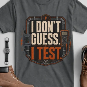I Don't Guess I Test T-Shirt — Funny Tech Tee for Engineers and Electricians — asphalt t-shirt, flat-lay product photo | Pressure Tested Co
